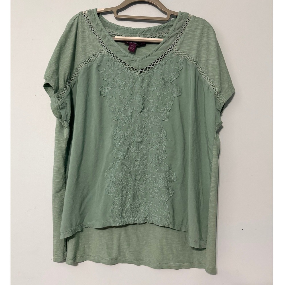 Gloria Vanderbilt XXL Sage Green Embroidered Lace V-Neck Top Short Sleeve 2249